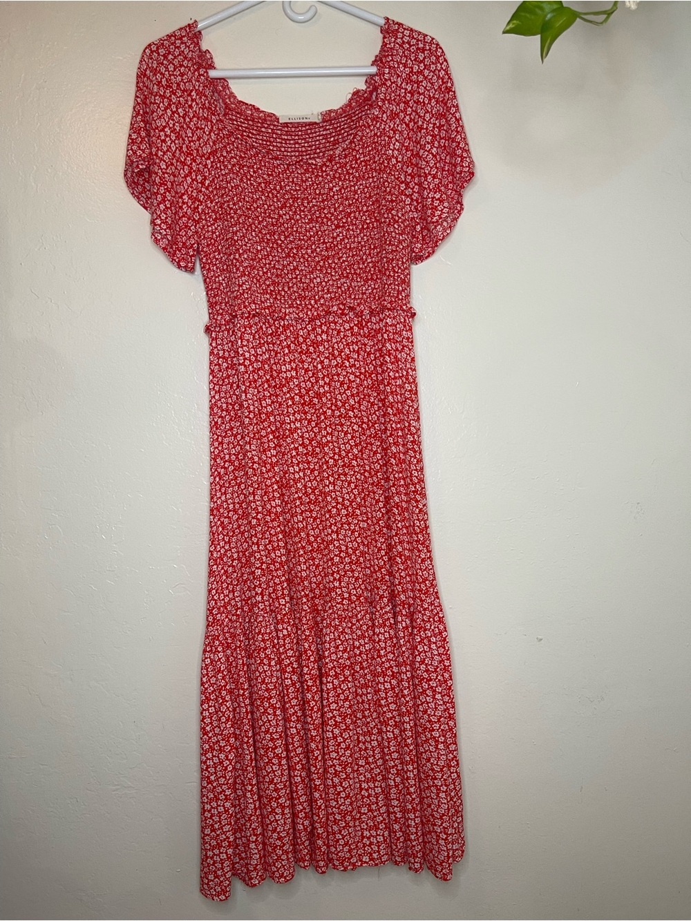 Ellison Boho White Ditsy Floral Smocked Red Midi Dress Large Peasant Cottagecore